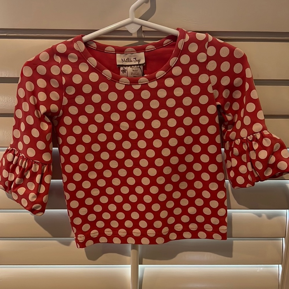 Matilda Jane. Bubble sleeve polka dot shirt. Sz 12 months. EUC